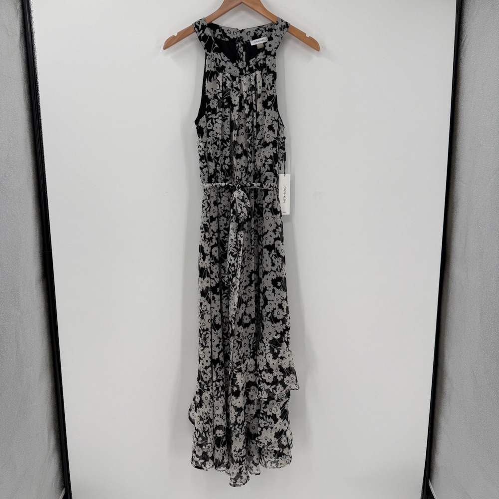 NWT Calvin Klein Size 10 Black White Floral Chiffon Tiered Maxi Dress